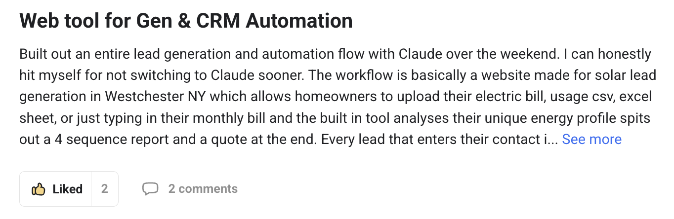 Member post: lead generation and CRM automation flow built with Claude over a weekend